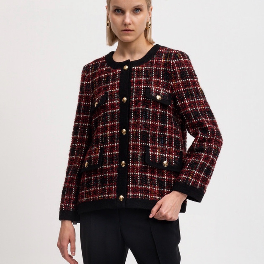 Anine Bing Lydia Burgundy Plaid Tweed Jacket with Black Trim